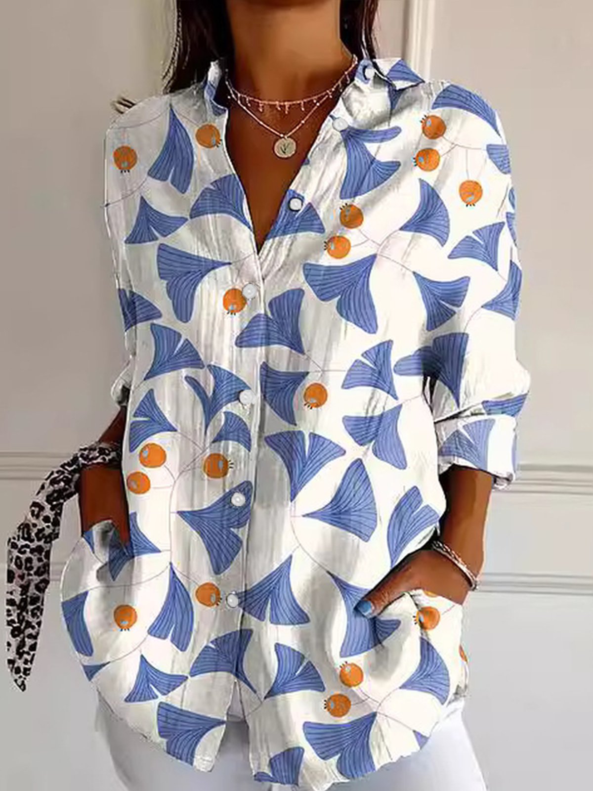 Chemises Femmes Décontracté Floral Printemps / Automne Aucune élasticité Quotidien Manches Longues Droit Régulier Col de Chemise