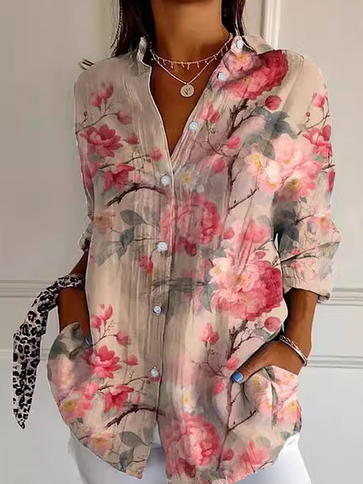 Chemises Femmes Décontracté Floral Printemps / Automne Aucune élasticité Quotidien Manches Longues Droit Régulier Col de Chemise