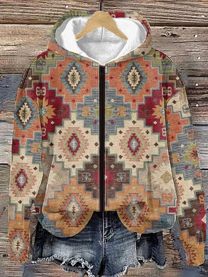 Micro-élasticité Sweat-shirt à Capuche Manches Longues Régulier Ethnique Blouson Zip pour Femmes
