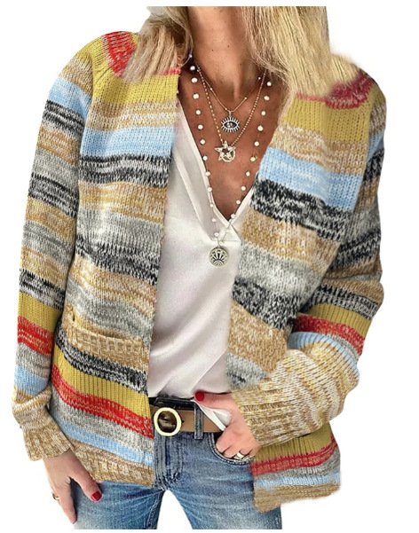 Cardigans Décontracté Printemps / Automne Multicolore Bloc Quotidien Ample Manches Longues Fil/fil de laine Droit Régulier pour Femmes