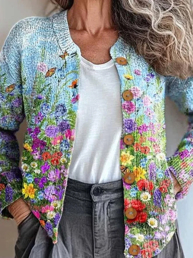 Cardigans Femmes Boho Ethnique Printemps / Automne Tricoté Faire la navette Ample Col Rond Droit Régulier