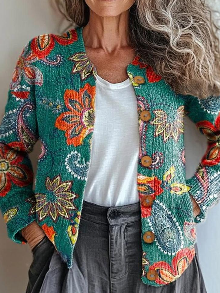 Cardigans Femmes Boho Ethnique Printemps / Automne Micro-élasticité Faire la navette Manches Longues Col Rond Régulier Droit