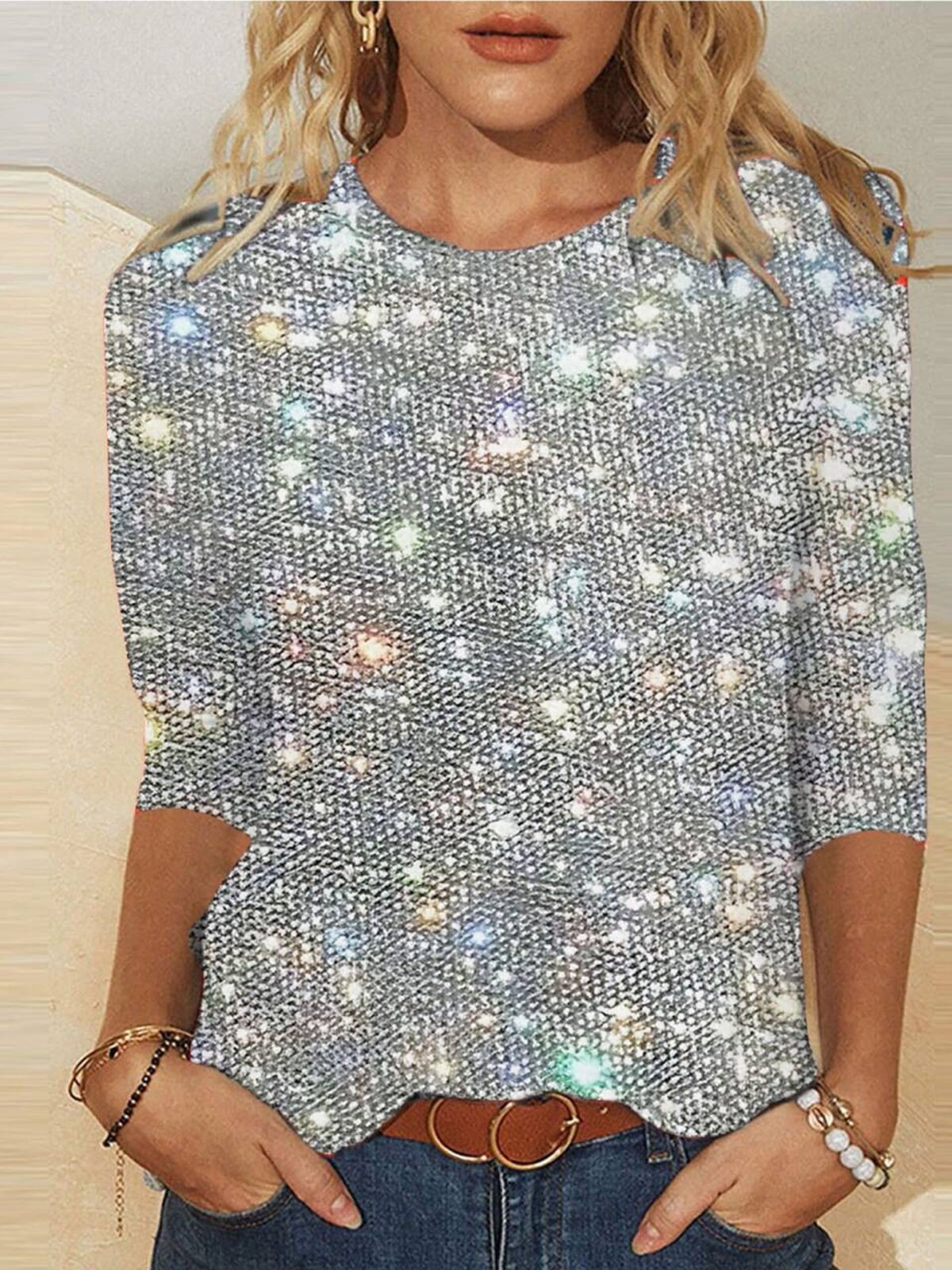 T-shirts Femmes Géométrique Décontracté Printemps / Automne Micro-élasticité Quotidien Manches Longues Col Rond Brillant Régulier