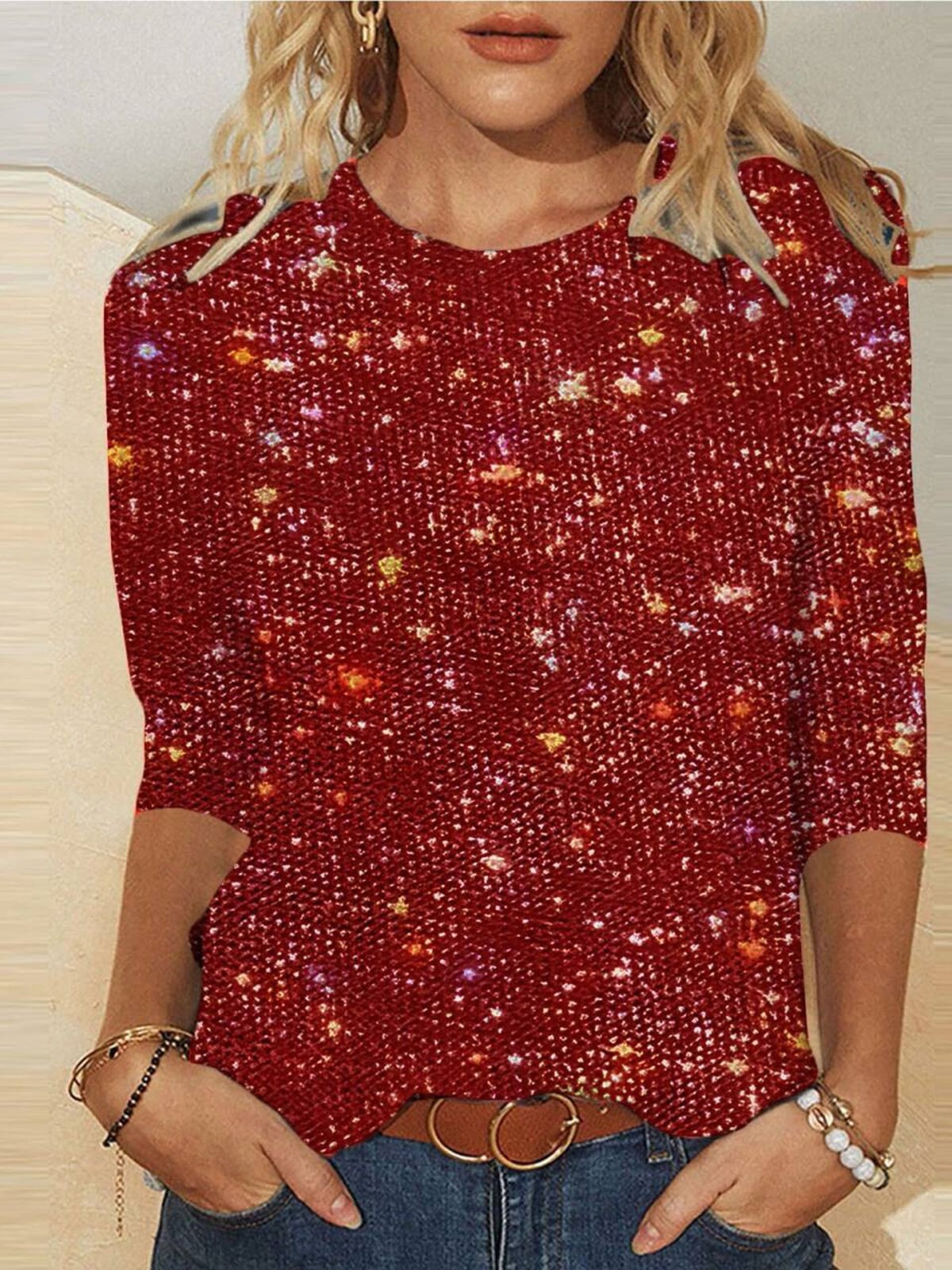 T-shirts Femmes Géométrique Décontracté Printemps / Automne Micro-élasticité Quotidien Manches Longues Col Rond Brillant Régulier