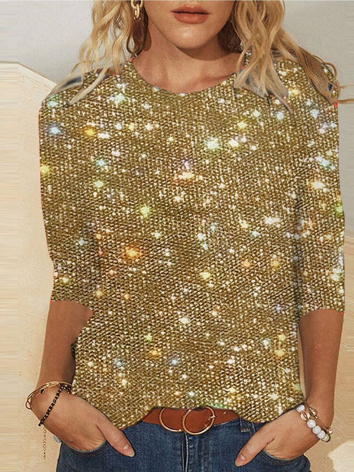 T-shirts Femmes Géométrique Décontracté Printemps / Automne Micro-élasticité Quotidien Manches Longues Col Rond Brillant Régulier