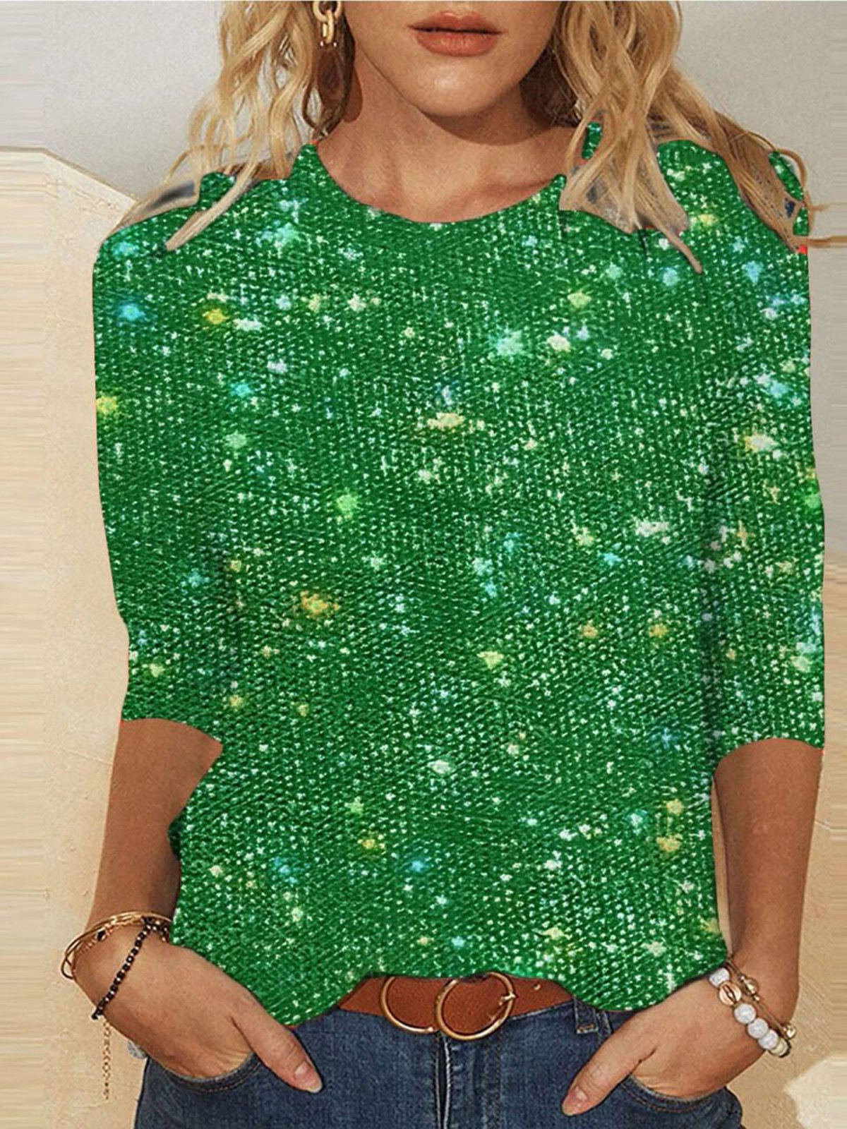 T-shirts Femmes Géométrique Décontracté Printemps / Automne Micro-élasticité Quotidien Manches Longues Col Rond Brillant Régulier