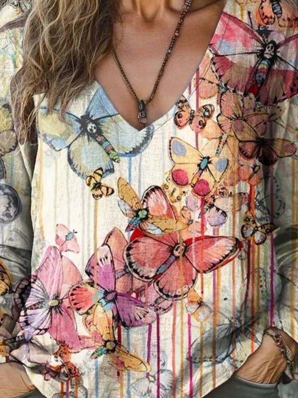 T-shirts Rayé Boho Printemps / Automne Polyester Col V Micro-élasticité Ample Régulier Régulier pour Femmes