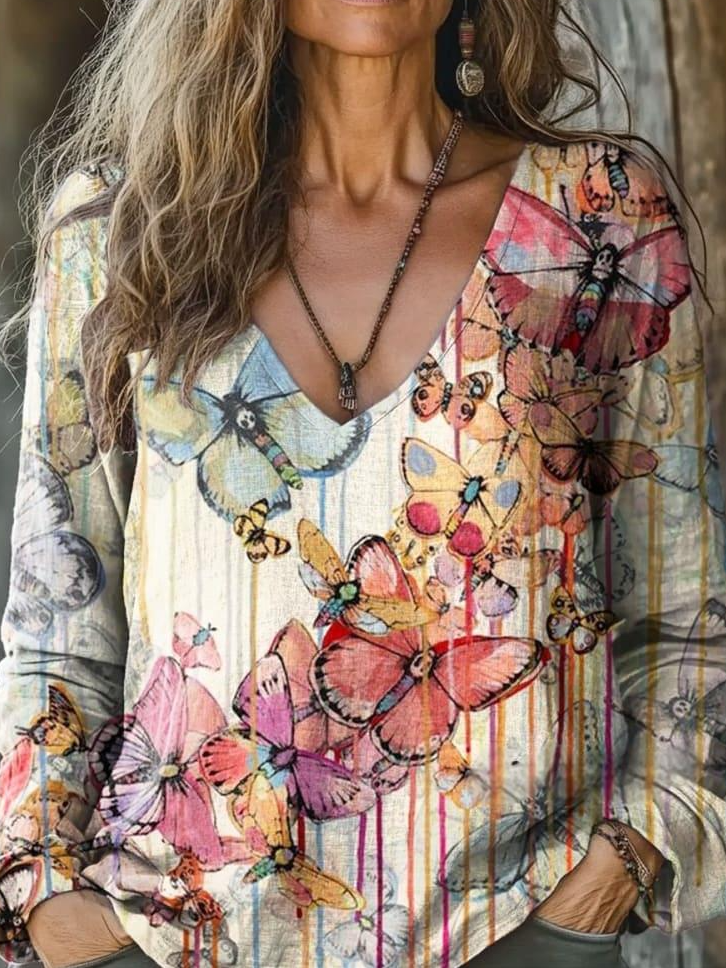 T-shirts Rayé Boho Printemps / Automne Polyester Col V Micro-élasticité Ample Régulier Régulier pour Femmes