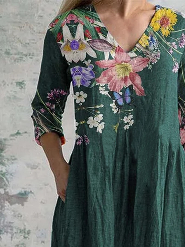 Femmes Floral Vert Col V Confortable Robe Maxi Décontracté