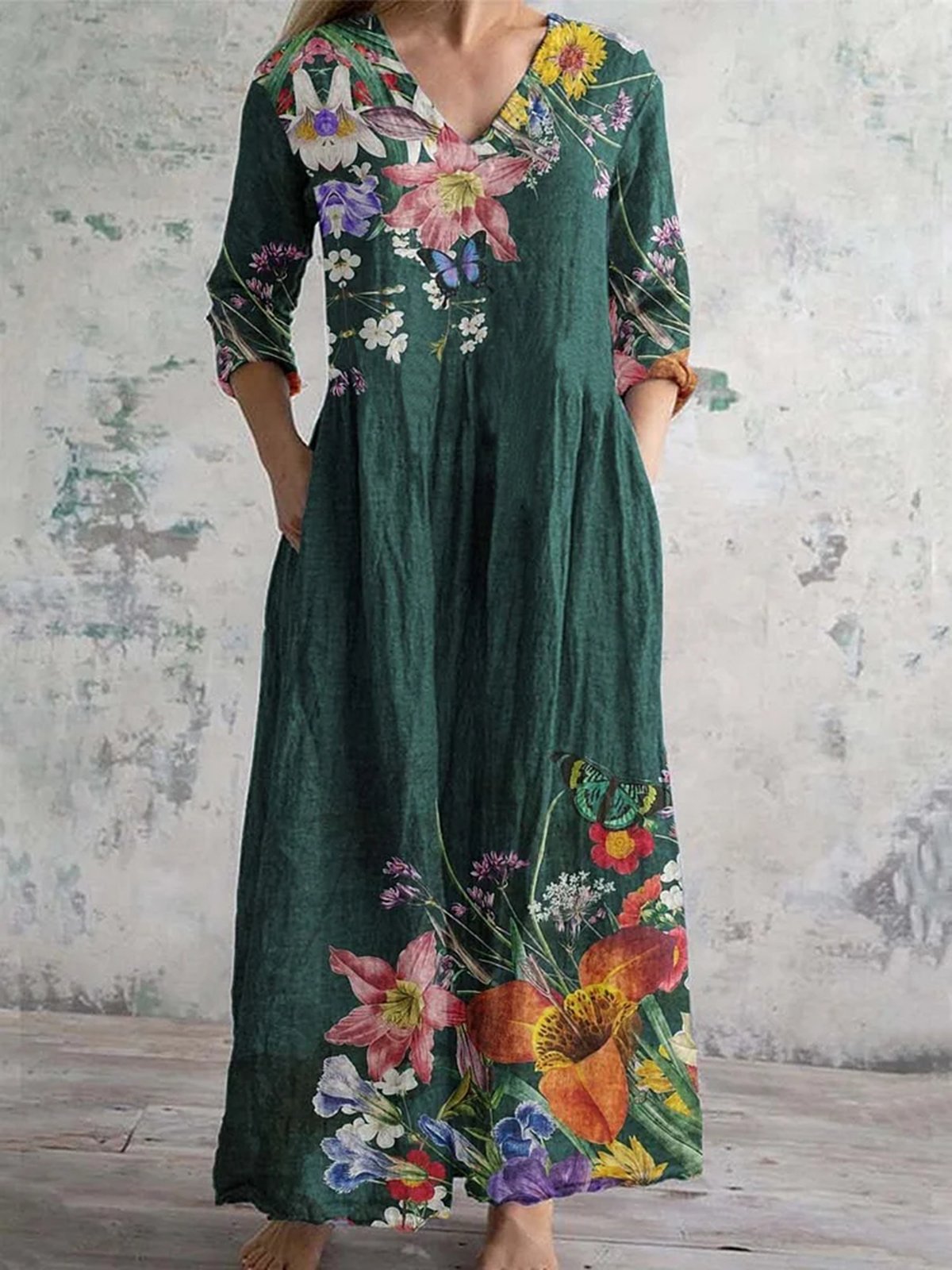 Femmes Floral Vert Col V Confortable Robe Maxi Décontracté