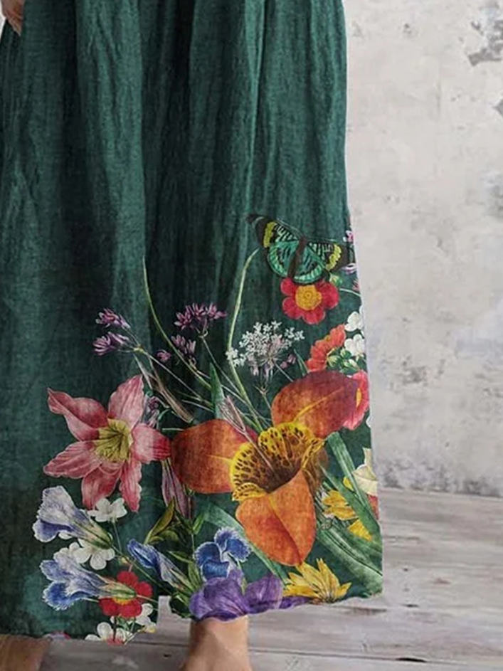 Femmes Floral Vert Col V Confortable Robe Maxi Décontracté