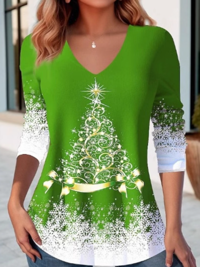 Chemisiers1 Décontracté Printemps / Automne Noël Col V Micro-élasticité Quotidien Ample Jersey Forage à chaud pour Femmes