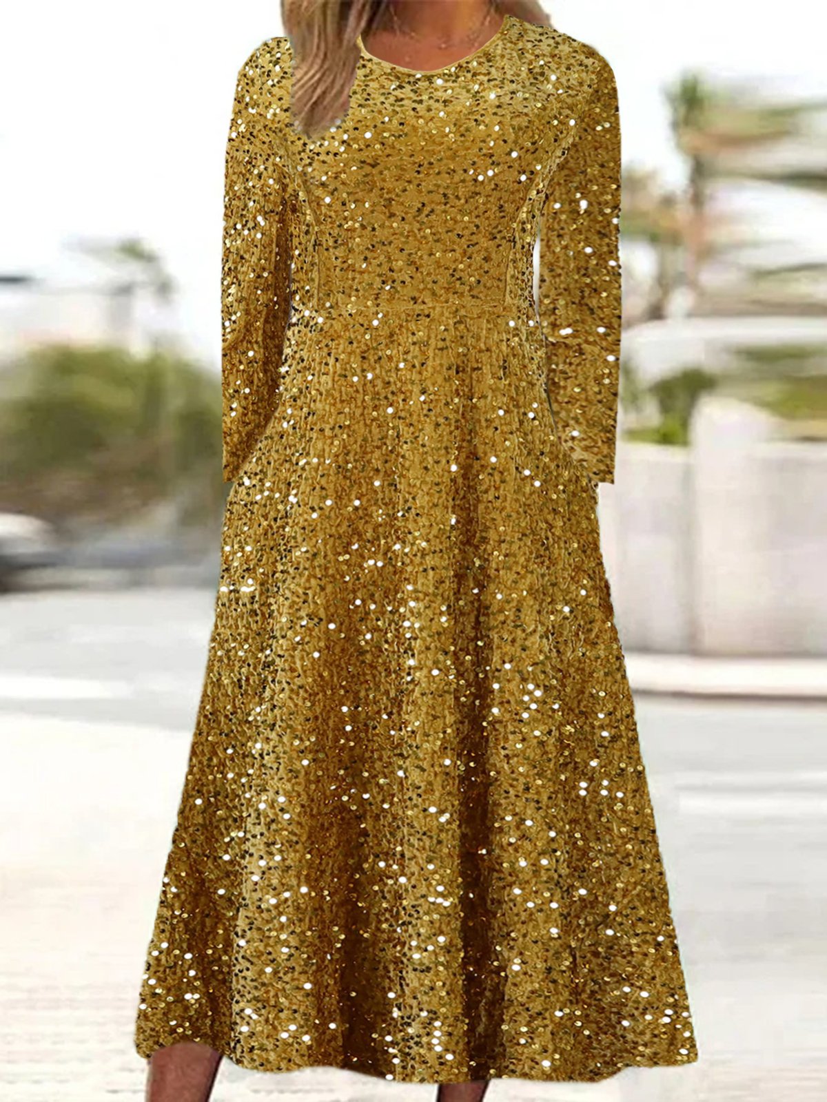 Femmes Géométrique Champagne Col Rond Confortable Robe Maxi Élégant