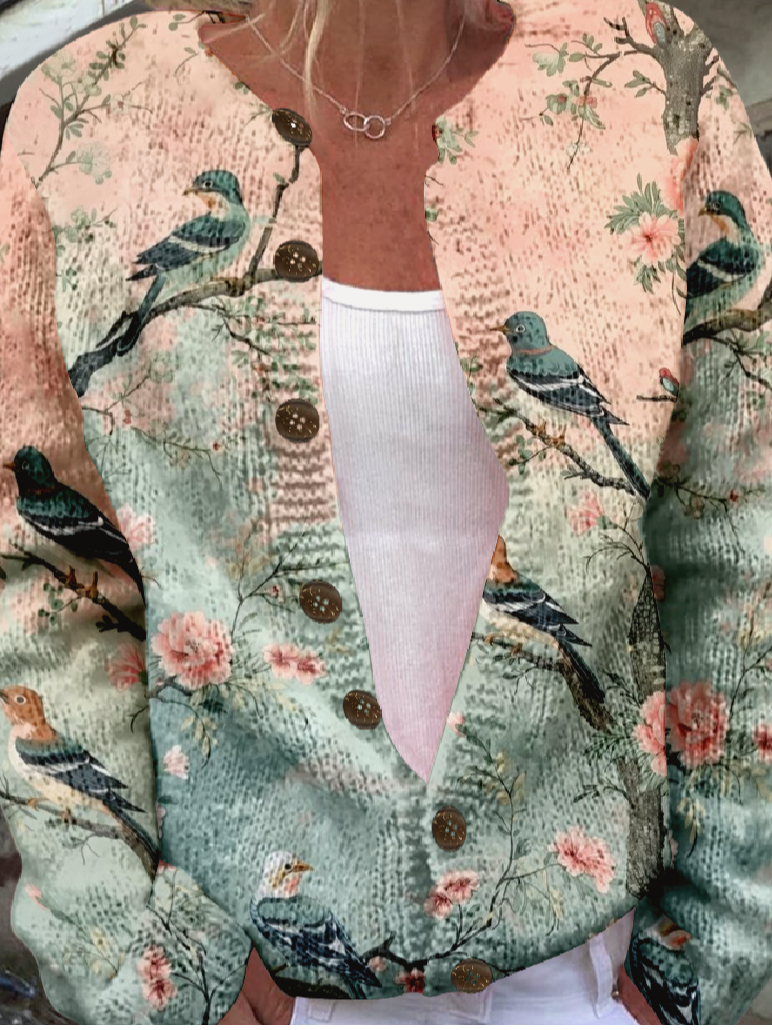 Cardigans Rétro Printemps / Automne impression en 3D Tricoté Micro-élasticité Quotidien Ample Col Rond Droit pour Femmes