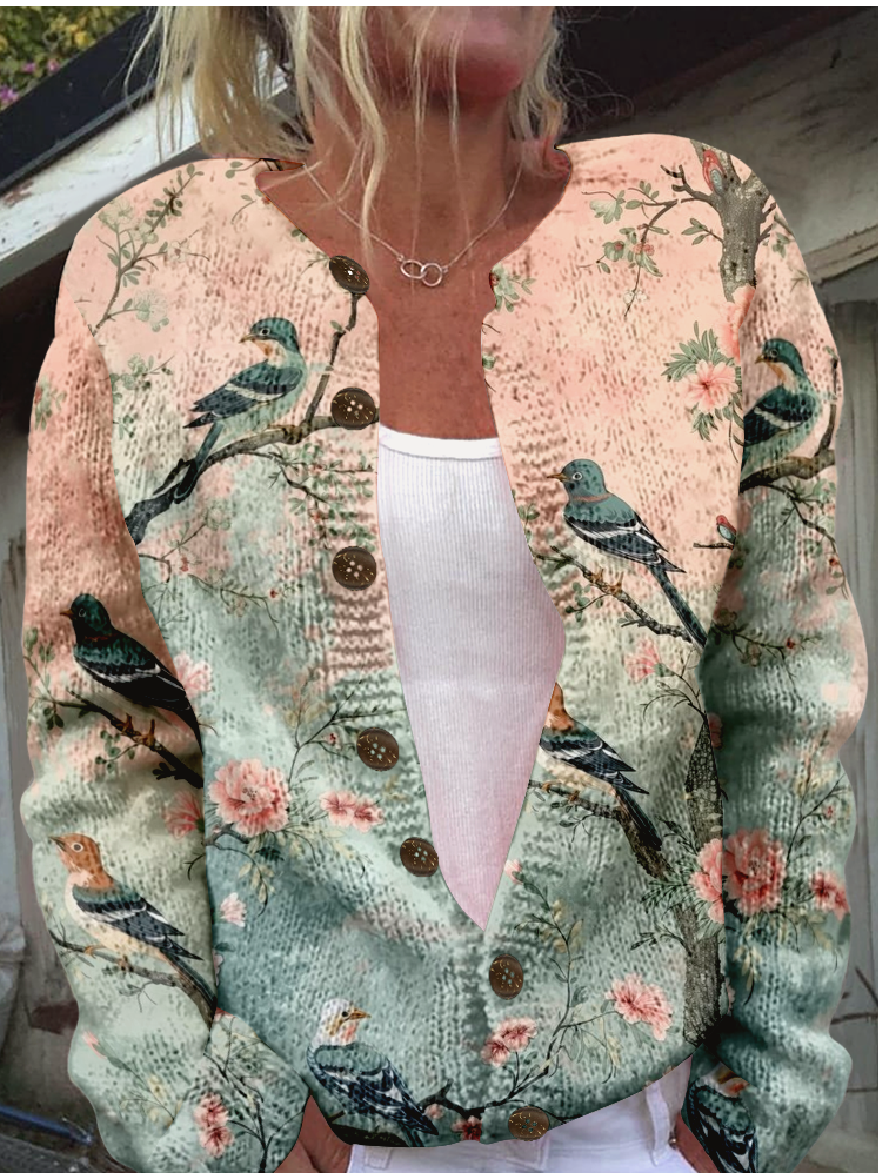 Cardigans Rétro Printemps / Automne impression en 3D Tricoté Micro-élasticité Quotidien Ample Col Rond Droit pour Femmes