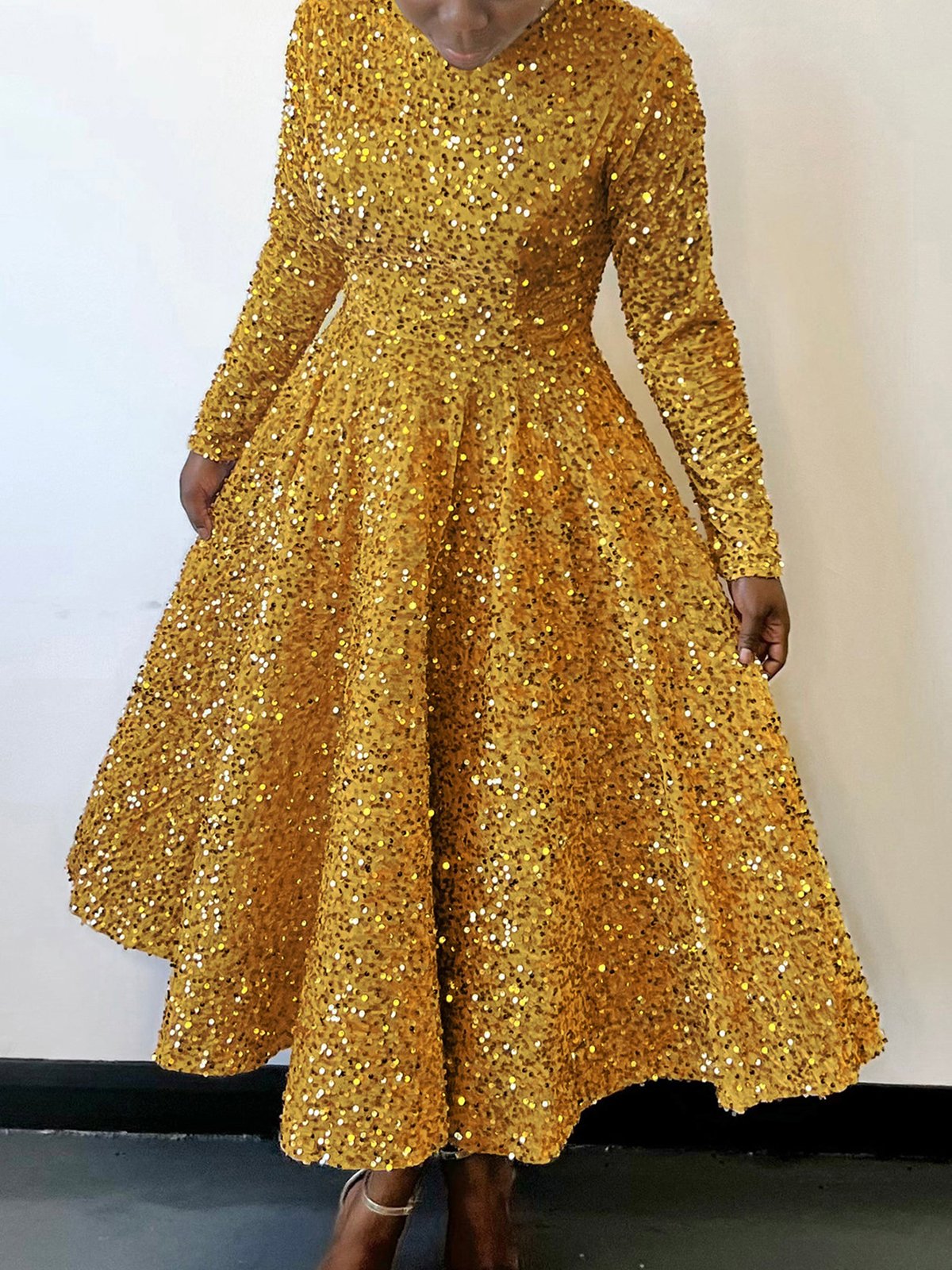 Femmes Géométrique Champagne Col Rond Confortable Robe Maxi Élégant