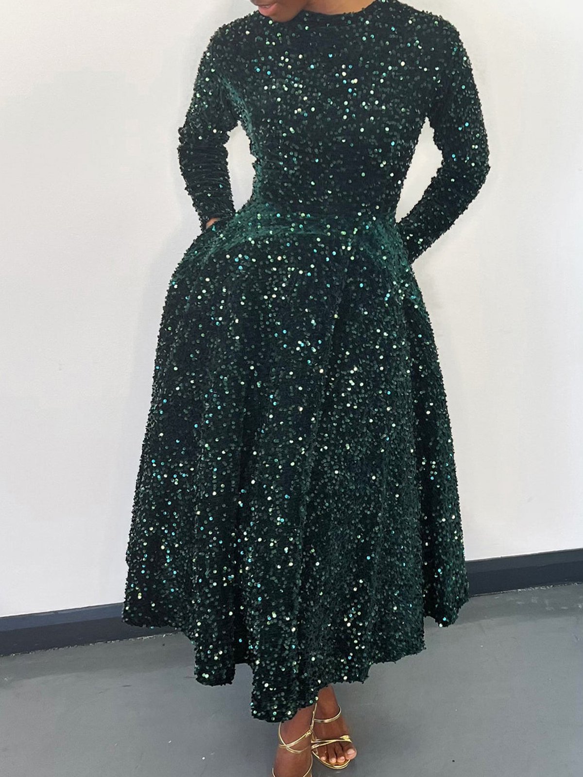 Femmes Géométrique Champagne Col Rond Confortable Robe Maxi Élégant