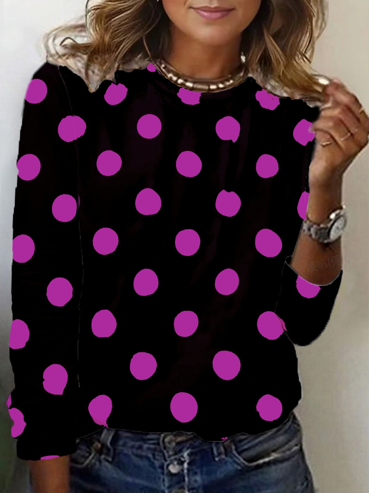 T-shirts Femmes Pois Polka Décontracté Printemps / Automne Micro-élasticité Quotidien Manches Longues Régulier Droit Régulier