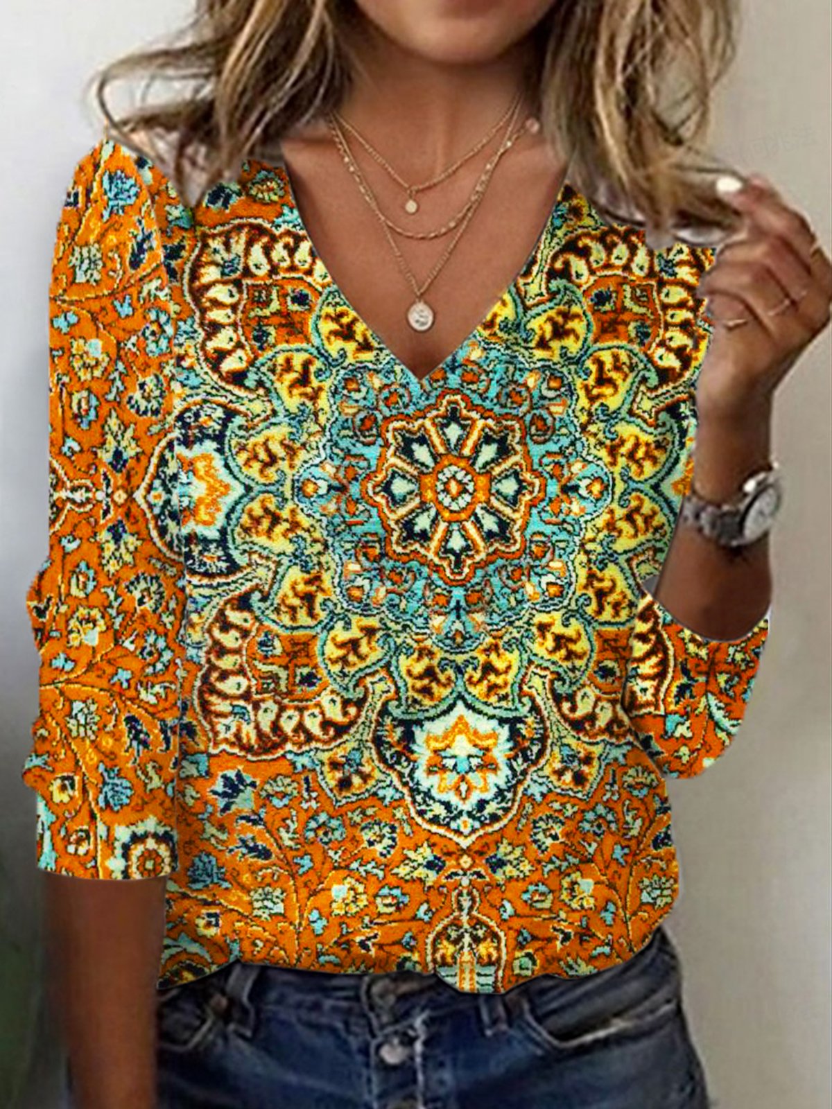T-shirts Décontracté Ethnique Printemps / Automne Aucune élasticité Coupe Régulière Manches Longues Régulier Droit T.-N.-L. pour Femmes
