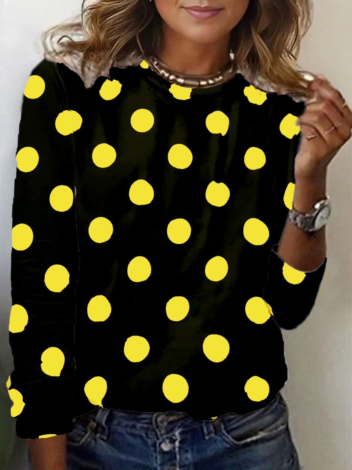 T-shirts Femmes Pois Polka Décontracté Printemps / Automne Micro-élasticité Quotidien Manches Longues Régulier Droit Régulier