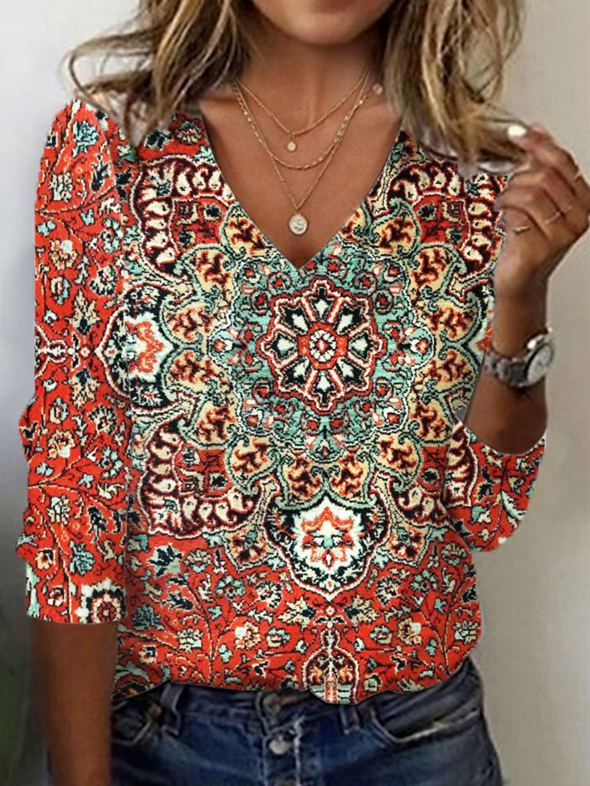 T-shirts Décontracté Ethnique Printemps / Automne Aucune élasticité Coupe Régulière Manches Longues Régulier Droit T.-N.-L. pour Femmes