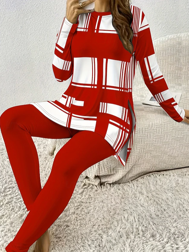Deux Pièces Ensembles Géométrique Décontracté Printemps / Automne Naturel Jersey Col Rond Top Avec Pantalons Droit Régulier pour Femmes