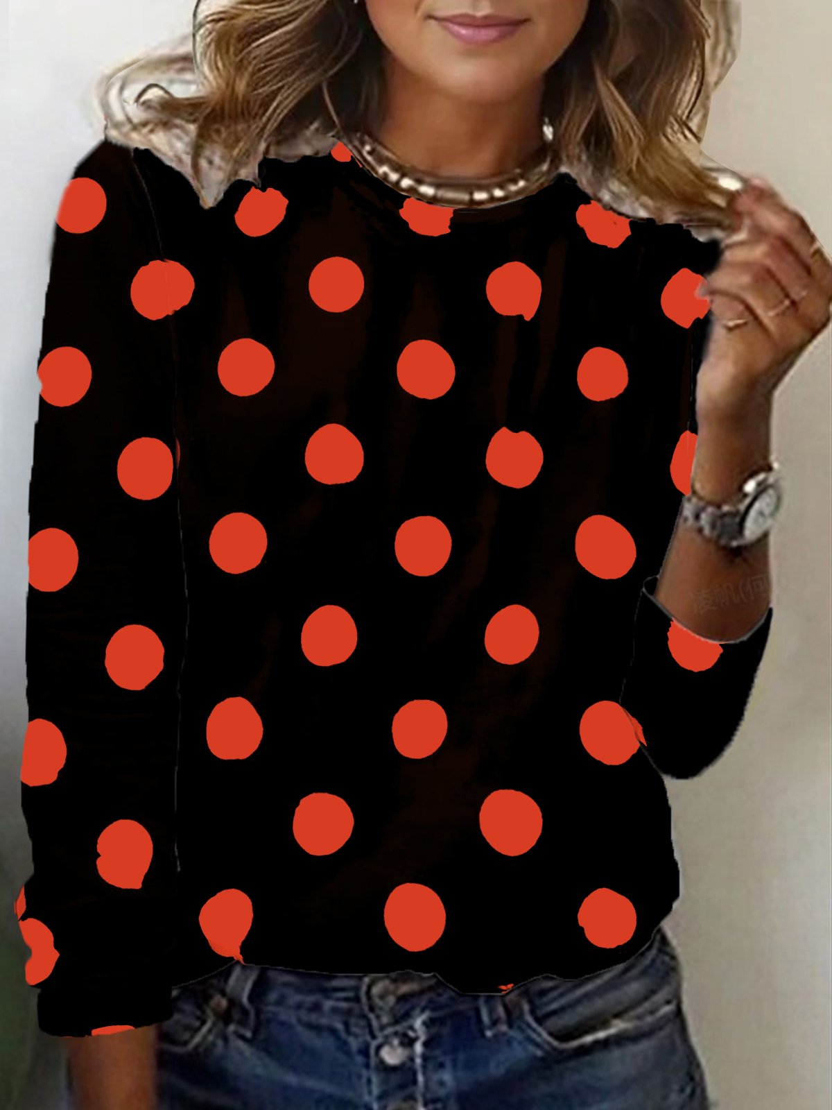 T-shirts Femmes Pois Polka Décontracté Printemps / Automne Micro-élasticité Quotidien Manches Longues Régulier Droit Régulier
