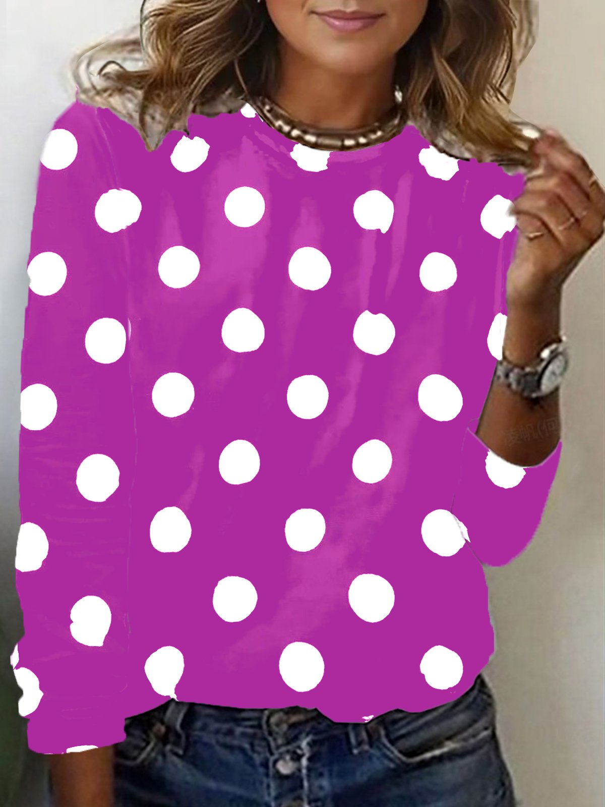 T-shirts Femmes Pois Polka Décontracté Printemps / Automne Micro-élasticité Quotidien Manches Longues Régulier Droit Régulier