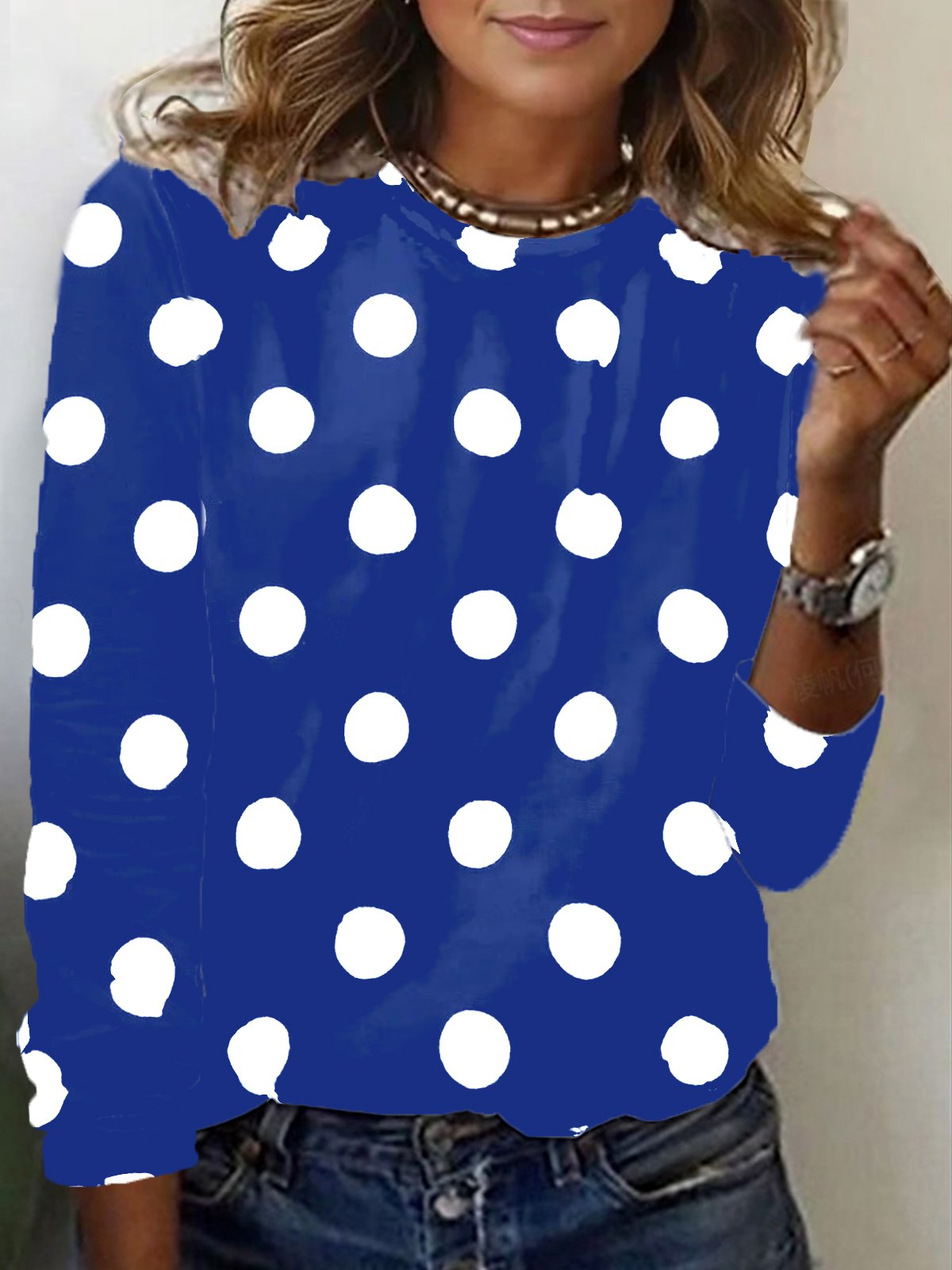 T-shirts Femmes Pois Polka Décontracté Printemps / Automne Micro-élasticité Quotidien Manches Longues Régulier Droit Régulier
