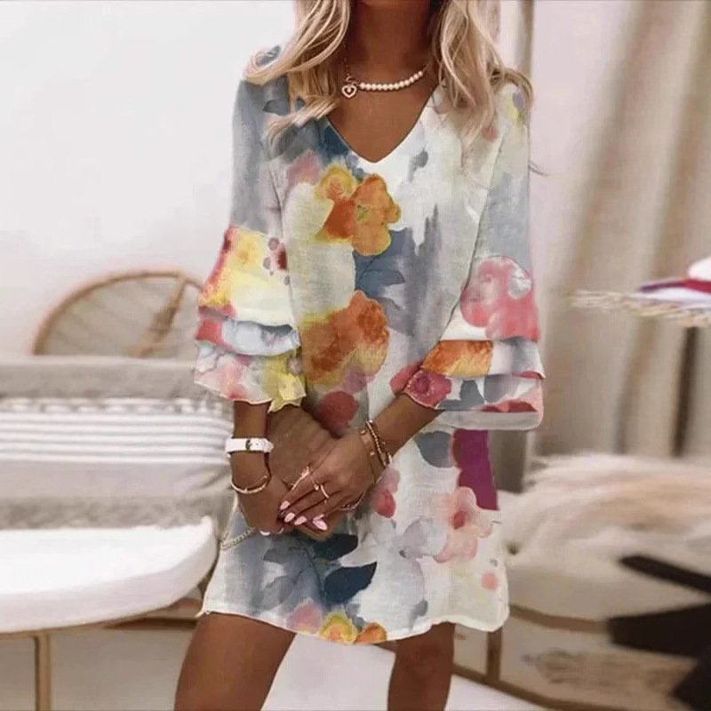 Femmes Floral Blanc Col V Confortable Mini Robe Décontracté