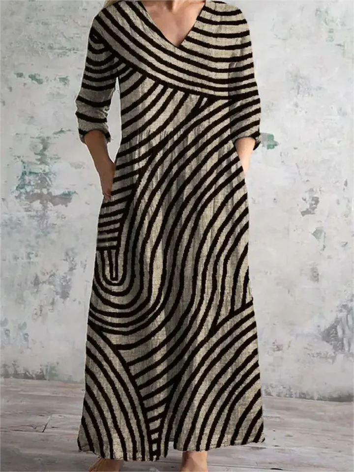 Femmes Rayé Noir Col V Confortable Robe Maxi Rétro