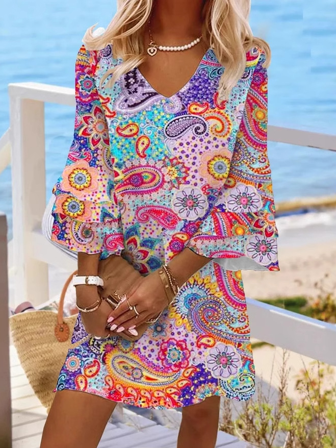 Femmes Ethnique Multicolore Col V Confortable Mini Robe Décontracté