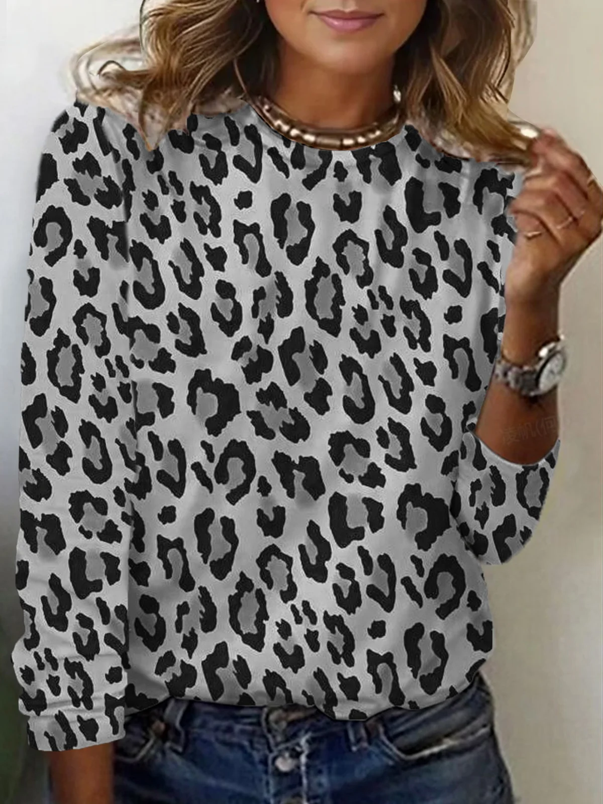 T-shirts Femmes Décontracté Printemps / Automne Motif Léopard Micro-élasticité Quotidien Jersey Manches Longues Régulier Régulier