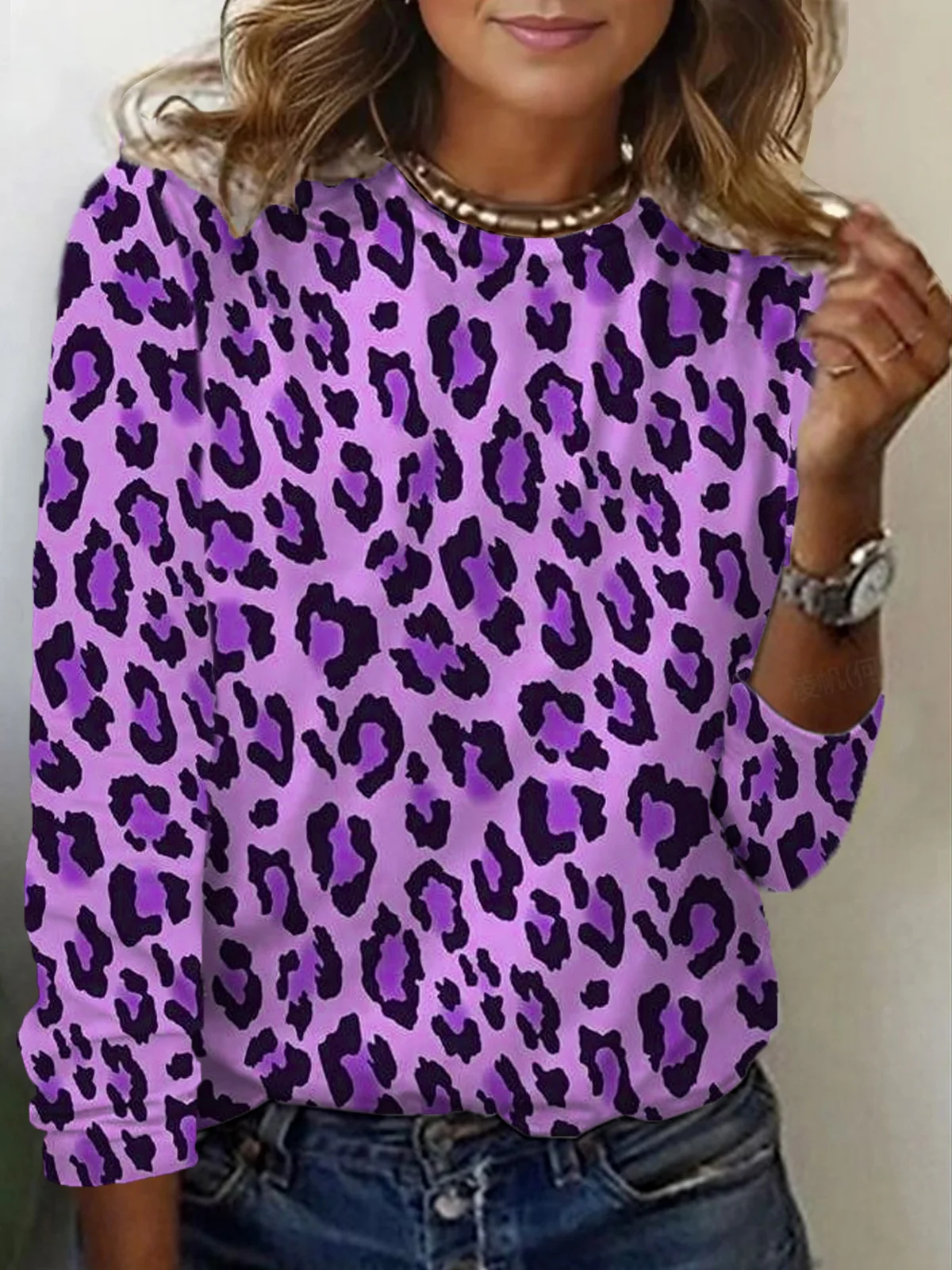 T-shirts Femmes Décontracté Printemps / Automne Motif Léopard Micro-élasticité Quotidien Jersey Manches Longues Régulier Régulier