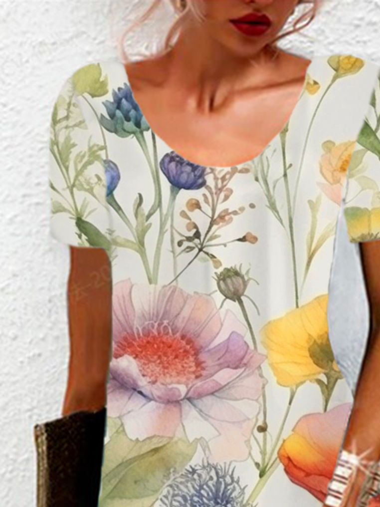 Femmes Floral Blanc Col Rond Confortable Mini Robe Décontracté