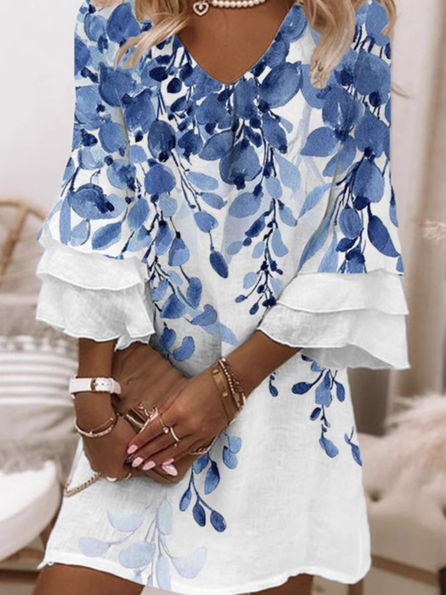 Femmes Floral Bleu Col V Confortable Mini Robe Décontracté