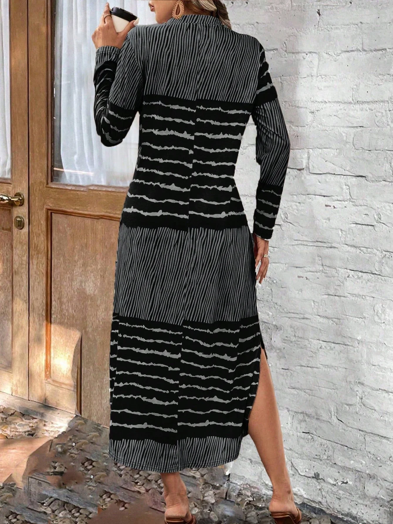 Femmes Rayé Noir Col Rond Confortable Robe Maxi Rétro