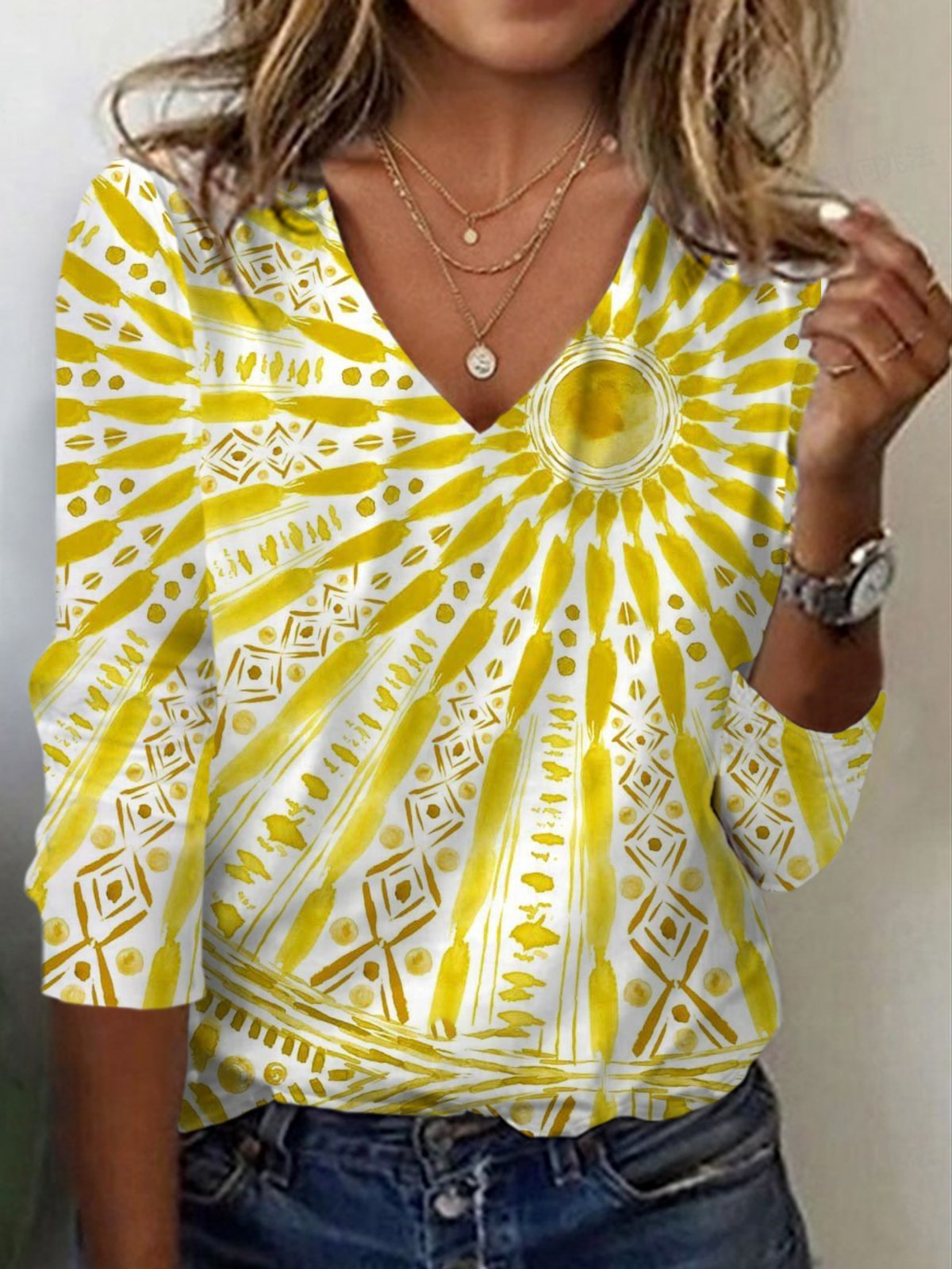 T-shirts Femmes Géométrique Décontracté Printemps / Automne Col V Aucune élasticité Coupe Régulière Régulier Droit T.-N.-L.