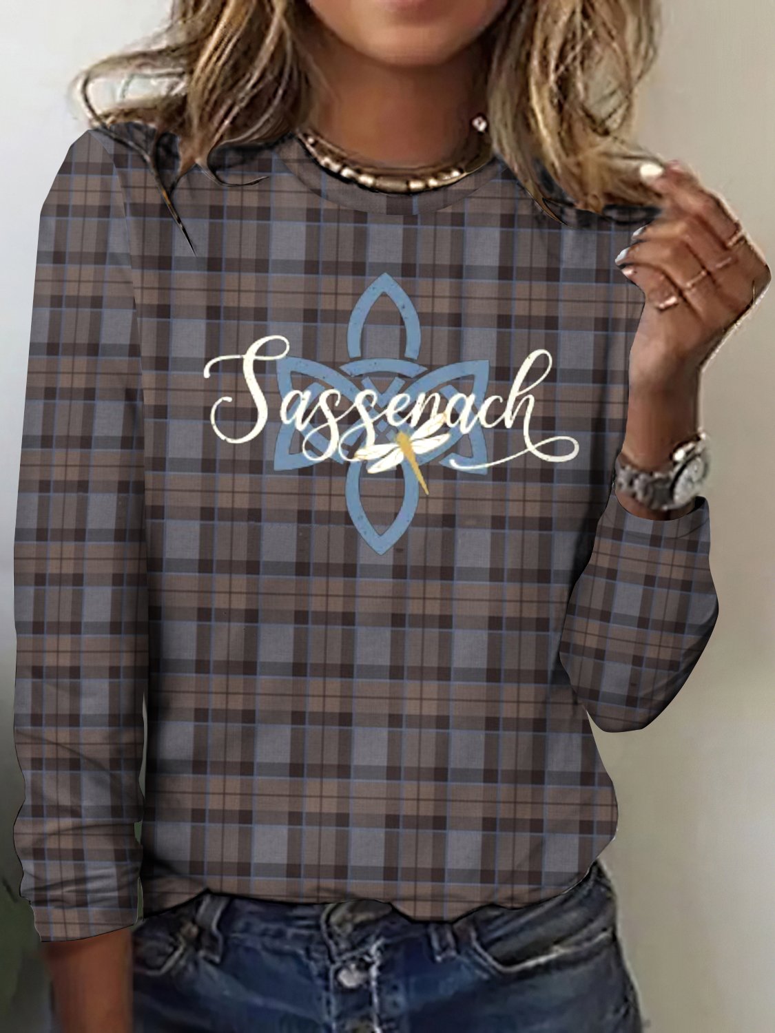 T-shirts Femmes Rétro Printemps / Automne Plaid Polyester Quotidien Col Rond Régulier Trapèze Régulier