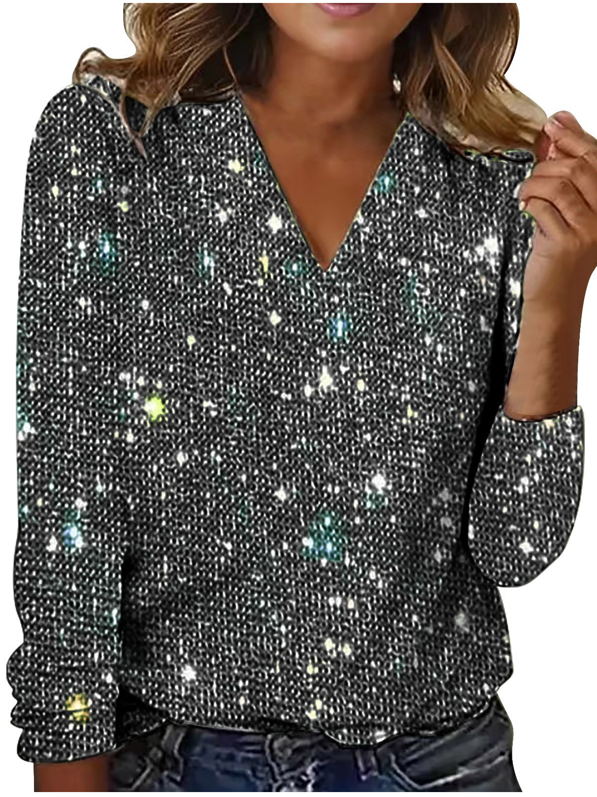T-shirts Femmes Sexy Plain Printemps / Automne Polyester Col V Quotidien Régulier Droit Régulier