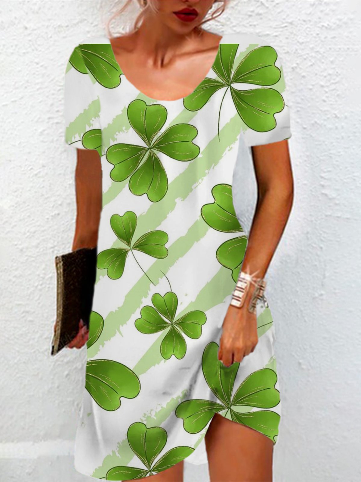 Femmes trèfle à quatre feuilles Vert Col Rond Confortable Mini Robe Décontracté