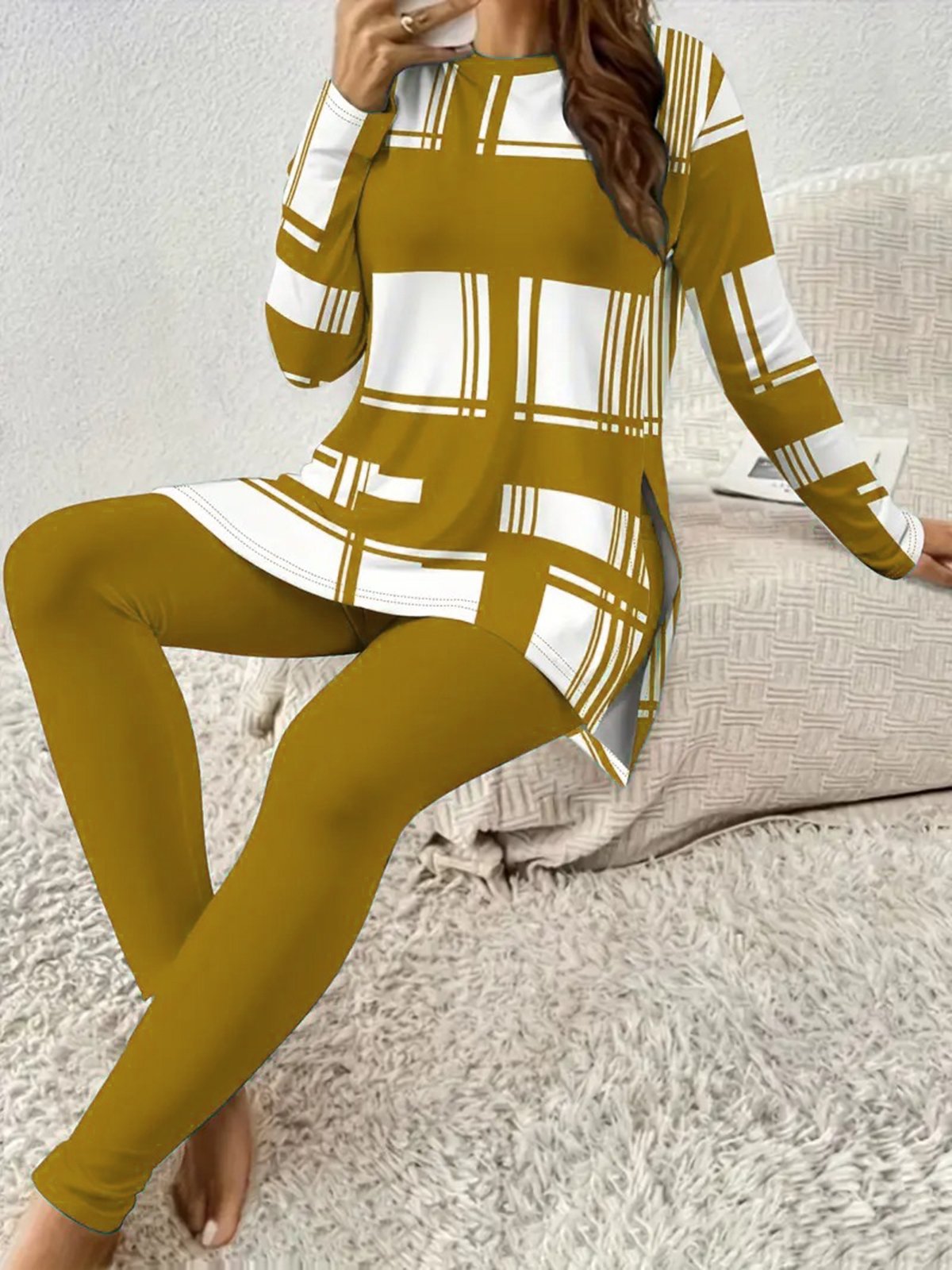 Deux Pièces Ensembles Géométrique Décontracté Printemps / Automne Naturel Jersey Col Rond Top Avec Pantalons Droit Régulier pour Femmes