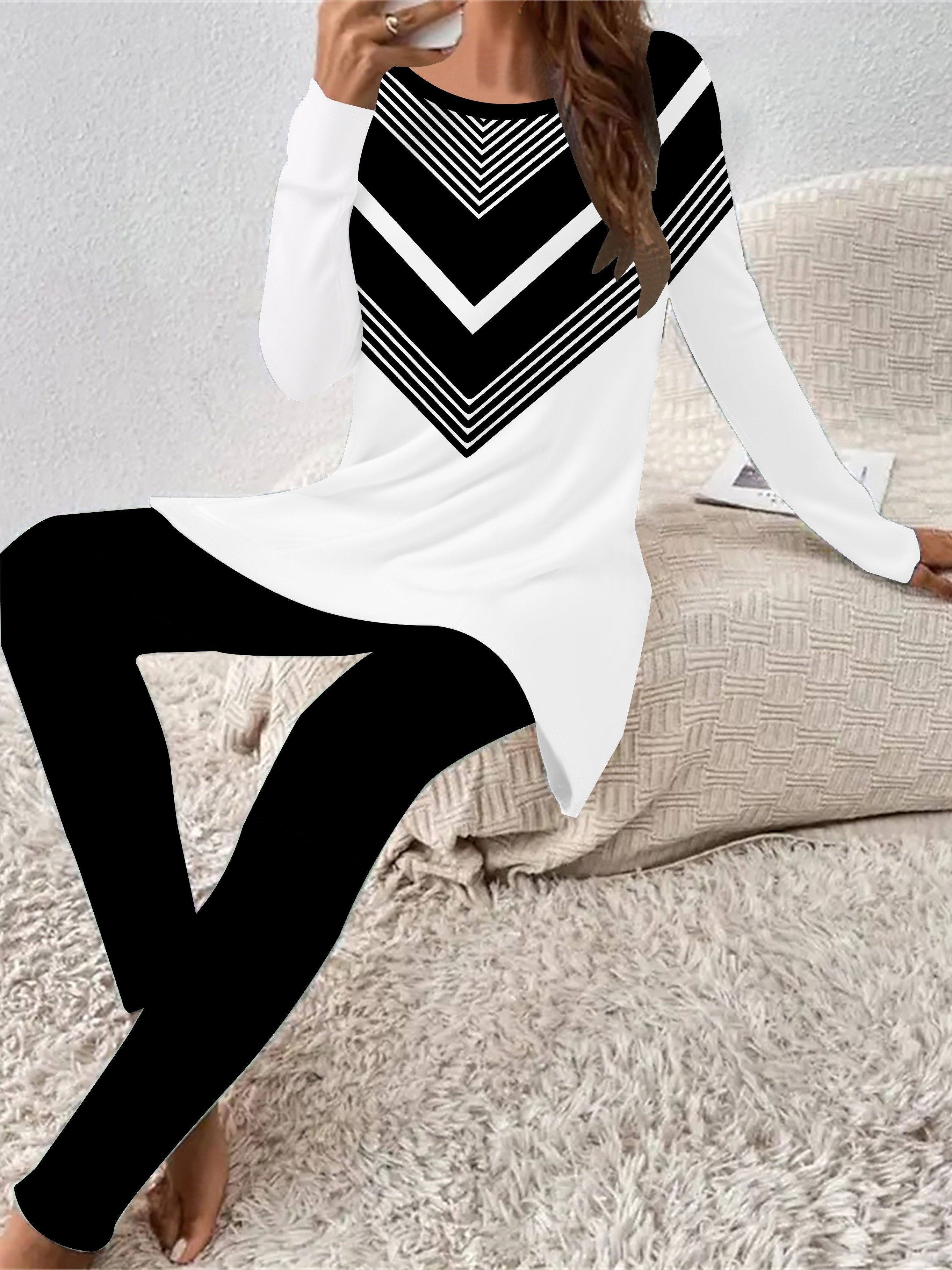 Deux Pièces Ensembles Géométrique Décontracté Printemps / Automne Naturel Aucune élasticité Jersey Manches Longues Top Avec Pantalons Régulier pour Femmes