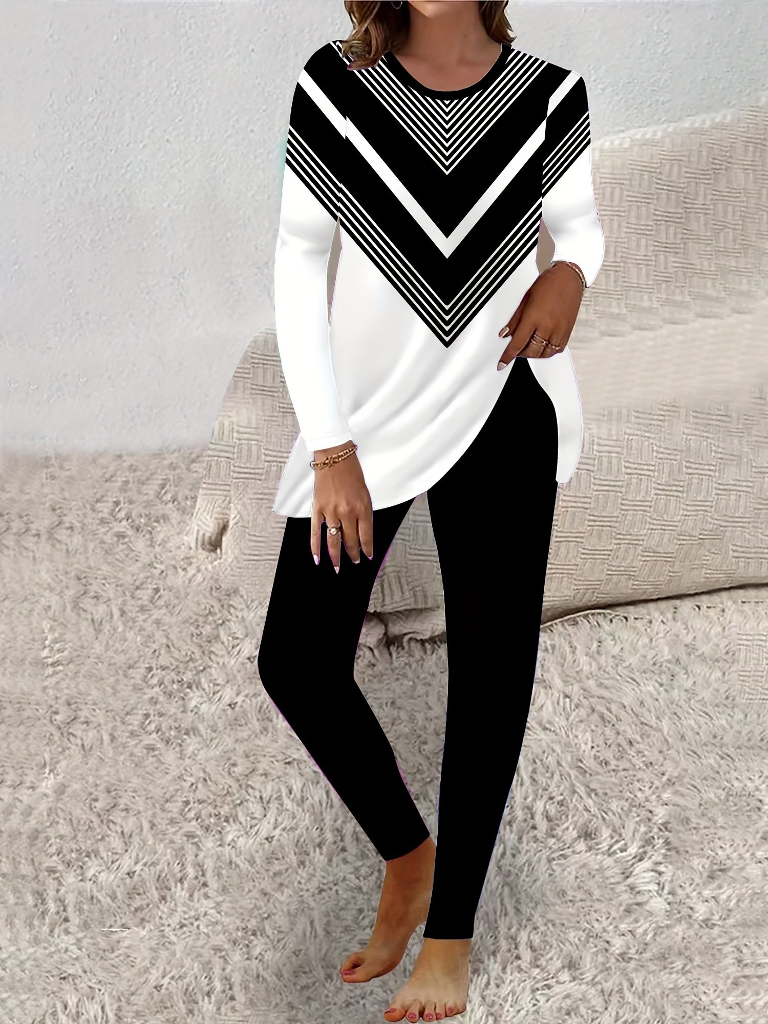 Deux Pièces Ensembles Géométrique Décontracté Printemps / Automne Naturel Aucune élasticité Jersey Manches Longues Top Avec Pantalons Régulier pour Femmes