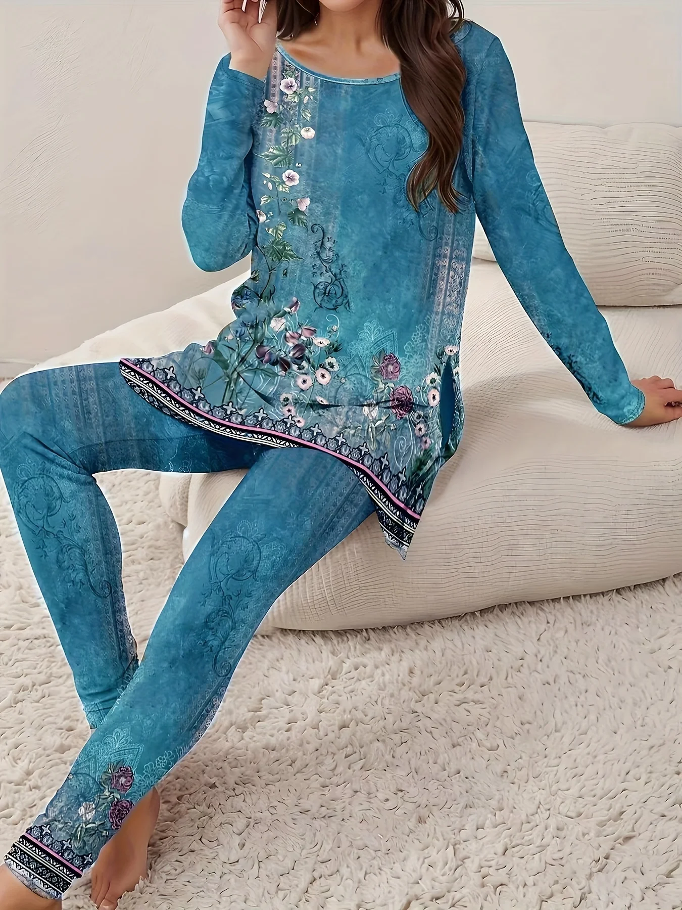 Deux Pièces Ensembles Décontracté Floral Printemps / Automne Quotidien Jersey Col Rond Top Avec Pantalons Droit Régulier pour Femmes