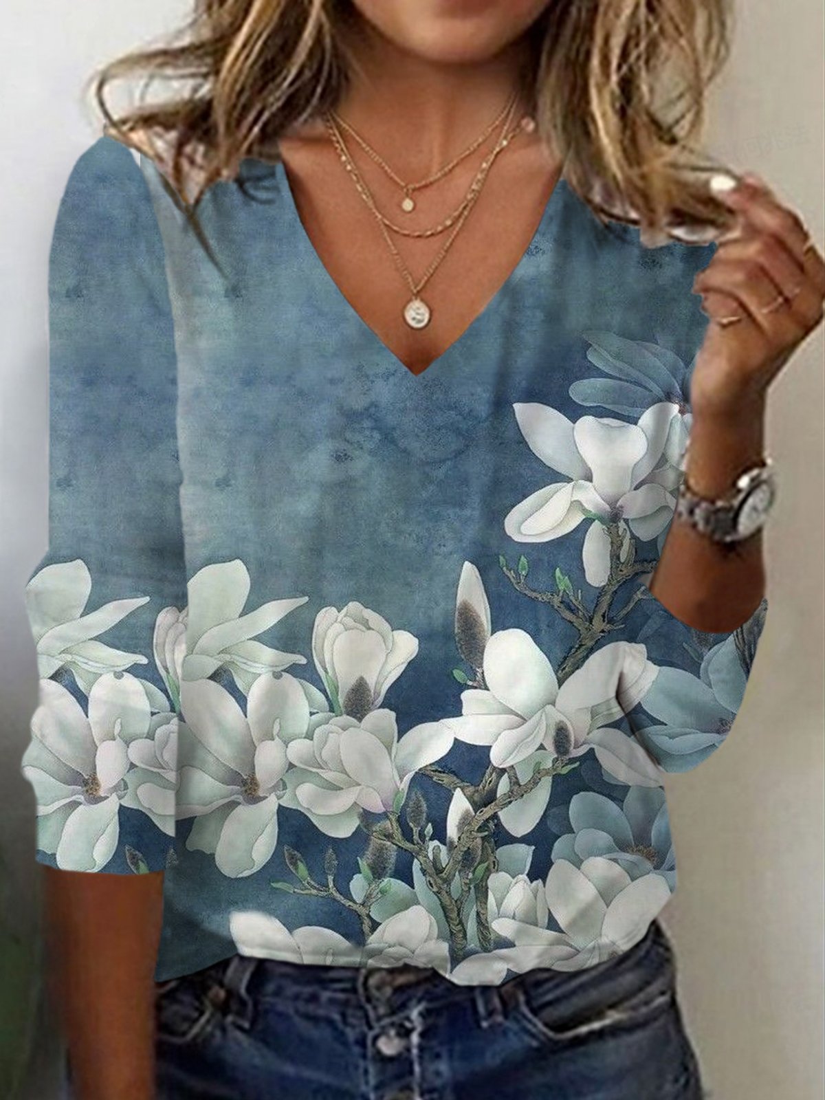 T-shirts Décontracté Floral Printemps / Automne Col V Aucune élasticité Quotidien Jersey Standard T.-N.-L. pour Femmes