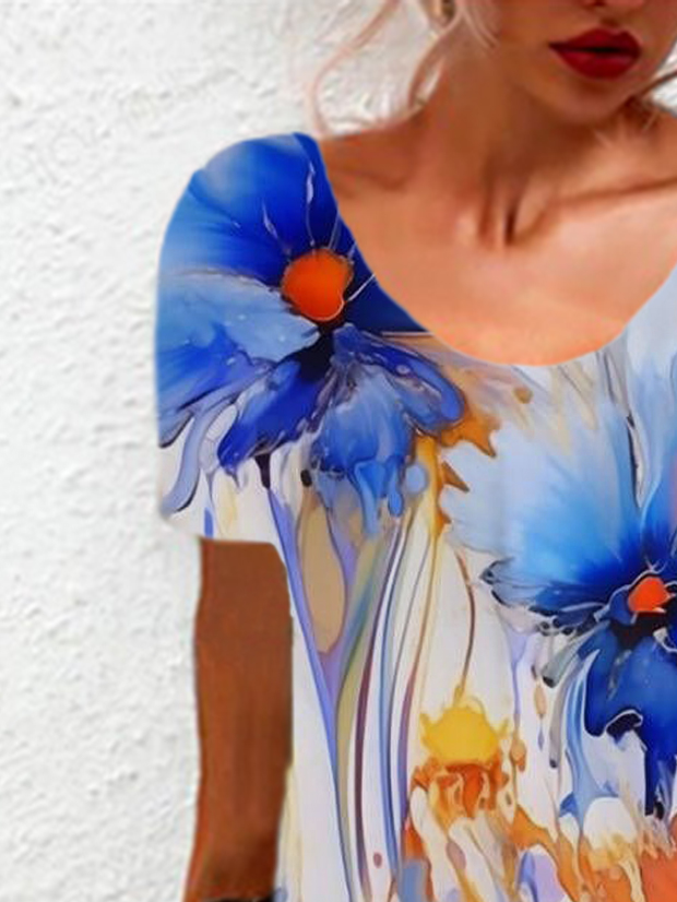 Femmes Floral Bleu Col Rond Confortable Mini Robe Décontracté