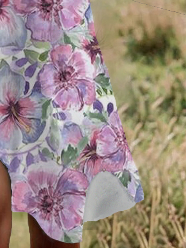 Femmes Floral Rose Col Rond Confortable Robe Mi-Longue Décontracté