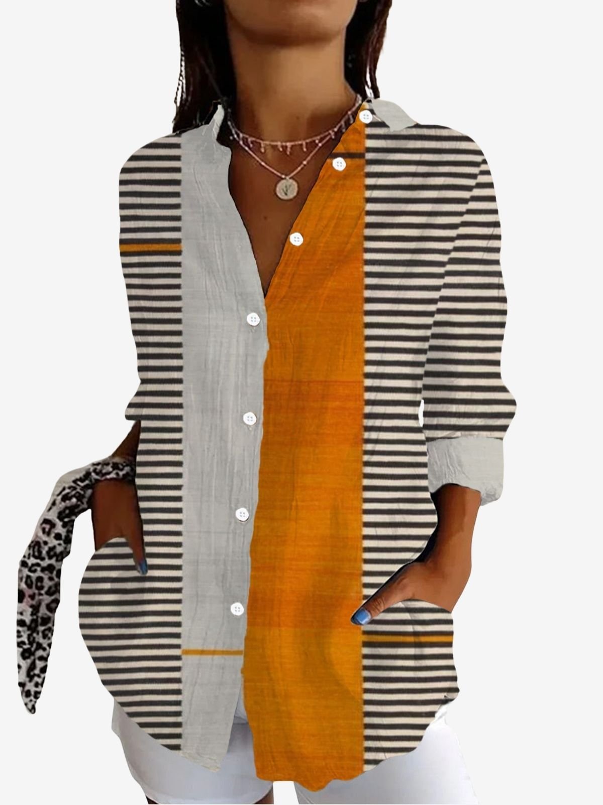 Chemises Rayé Décontracté Printemps / Automne Polyester Ample Manches Longues Régulier Col de Chemise T.-N.-L. pour Femmes