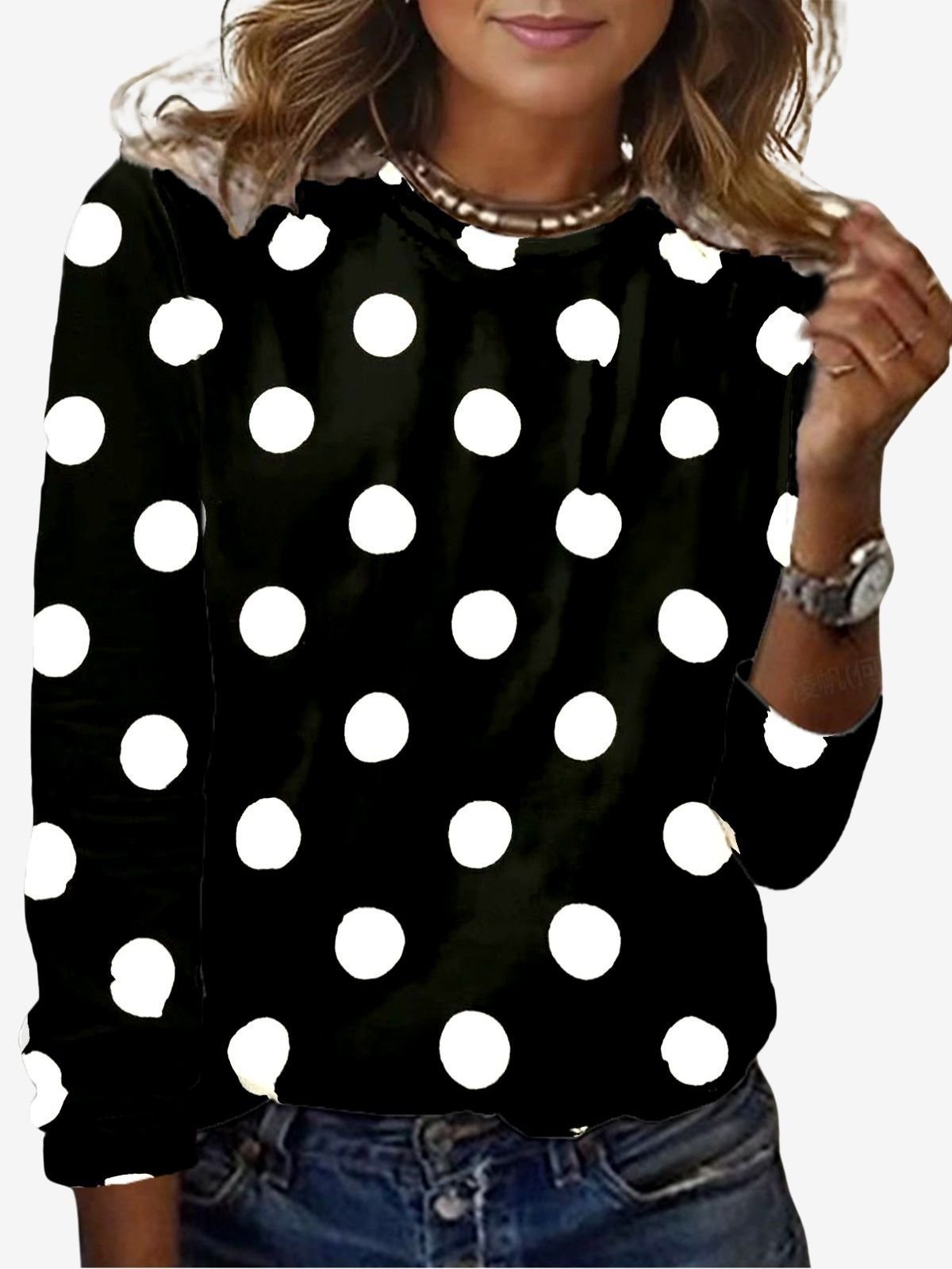 T-shirts Femmes Pois Polka Décontracté Printemps / Automne Micro-élasticité Quotidien Manches Longues Régulier Droit Régulier